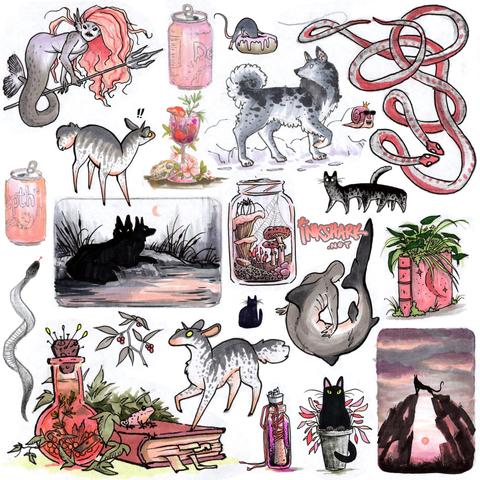 A collage of sketches including a mermaid with bedhead holding a trident, creepy forest animals like a two headed wolf and some fluffy-tailed unicorn deer, and books growing plants out of them.