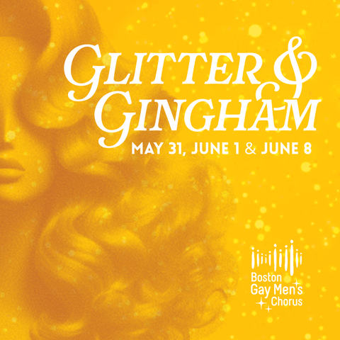 Flyer-type image showing the show title and dates. The text is white. Everything else glitters in yellow. Half of a figure with caricatured plump lips, sharp nose, and big, curly hair faces the viewer, their eye covered by a wave of hair.