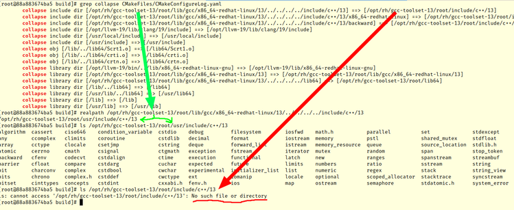 Screenshot of a terminal showing that cmake has wrongly collapsed a path. 

It happens because one of the components of the collapsed path is a soft-link adding additional components. In this case the path "/opt/rh/gcc-toolset-13/root/lib" is a soft link to "usr/lib". The path that cmake is collapsing includes the original path, so the last component "lib" is actually "usr/lib". cmake does a pure syntactical collapsing the ".." directories, without checking whether they are soft links and computes the wrong path.