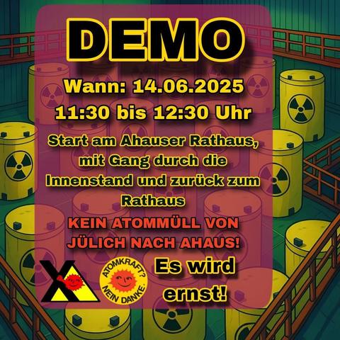 Das Bild zeigt ein Zwischenlager mit den AVR-Castorbehältern. Im Vordergrund der Schriftzug mit den Infos aus dem Tröt sowie das Logo der BI und die Anti-Atomsonne