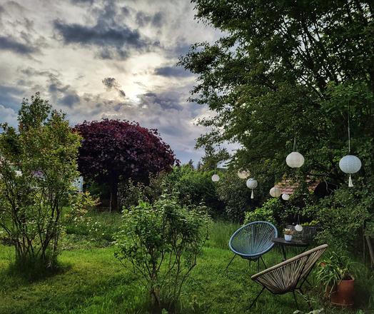 Das Bild zeigt einen ruhigen Garten mit einer Vielzahl von Pflanzen und Bäumen, die verschiedene Grüntöne aufweisen. Im Vordergrund befinden sich zwei modern gestaltete Stühle aus geflochtenem Material, die auf einem grünen Rasen stehen. Neben den Stühlen ist ein kleiner Tisch mit einer Pflanze darauf zu sehen. Hängende weiße Laternen schmücken die Bäume und verleihen dem Garten eine gemütliche Atmosphäre. Im Hintergrund ist ein dunkelroter Baum und ein Gebäude mit einem Dach zu erkennen. Der Himmel ist bedeckt mit Wolken, und der Sonnenlicht scheint durch die Wolken, was dem Bild eine warme und einladende Stimmung verleiht.