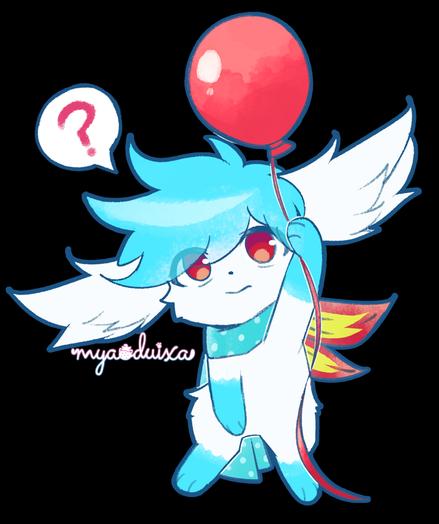 A chibi blue Skymin with a scarf, looking confused as it floats while holding a balloon.