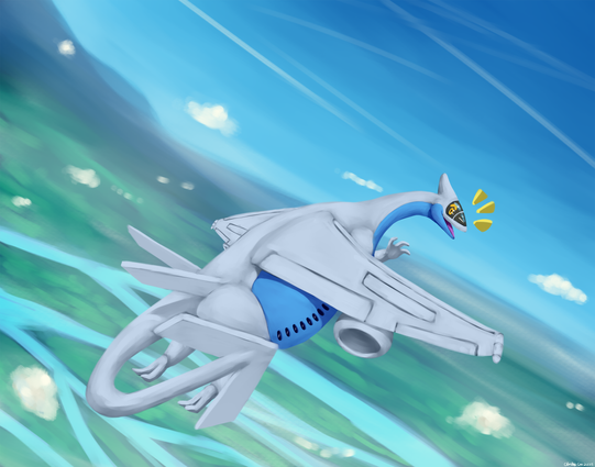 A chubby blue and white transport aeromorph with windows on their chubby belly flying above a wide grassy landscape with intersecting rivers.  Hills and mountains fade into the background. A thin layer of clouds sits below the aeromorph along with puffier clouds spread across above the landscape and horizon.  The chubby aeromoph does a small turn in their flight to look back at the viewer and give a happy wave with a happy expression on their face.