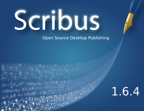 Caja azul con el logotipo de Scribus, una pluma dibujando una onda de letras, y el número de versión 1.6.4