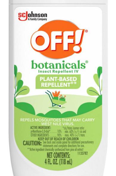 Top left, logo: SC  Johnson A Family Company

OFF!
botanicals®
Insect Repellent IV
PLANT-BASED REPELLENT**
REPELS MOSQUITOES THAT MAY CARRY
WEST NILE VIRUS.

ACTIVE INGREDIENT:
p-Menthone-3, 8-diol*..... 10%
OTHER INGREDIENTS ..... 90%

*cis/trans isomer ratio:
min, 60% (+/-) cis and
max. 40% (+/-) trans

KEEP OUT OF REACH OF CHILDREN
CAUTION: See back and inside panel for additional precautionary statements and complete directions for use.

**Active ingredient chernicoly synthesized from pine coil extroct

1133782

NET CONTENTS:
4 FL. OZ. (118 mL.)