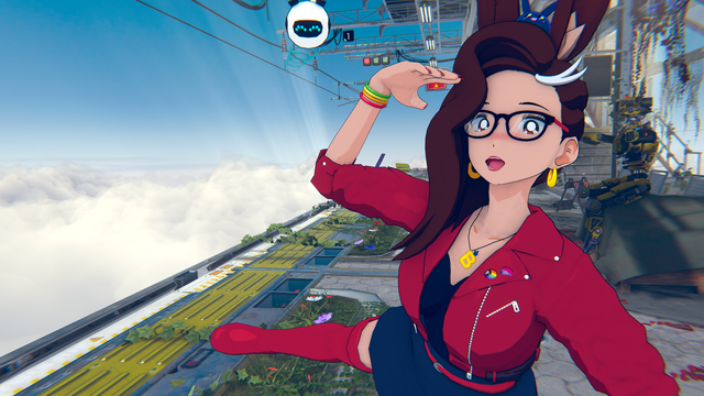 Bunnyhearted, a dorky retro anime bunnygirl vtuber with brown floofy hair, glasses, and a cool slime on her head, salutes and poses like a dork on a subway station in the sky! She's in a red jacket and skirt with big gogo boots.