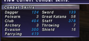 Combat skills in Final Fantasy 11, club skill and parrying are maxed out at 404 and 419 respectively. Throwing is at a meagre 7.