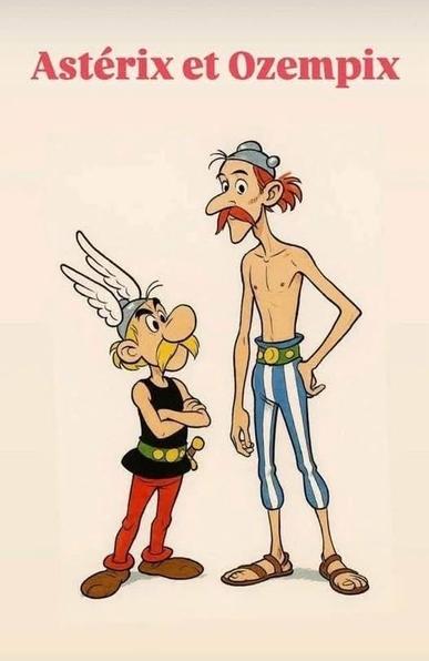 Two animated characters are depicted: Asterix, a small Gaul with a winged helmet and a mustache, stands confidently with his arms crossed. Next to him is Ozempix, a taller, skinny figure wearing blue and white striped pants