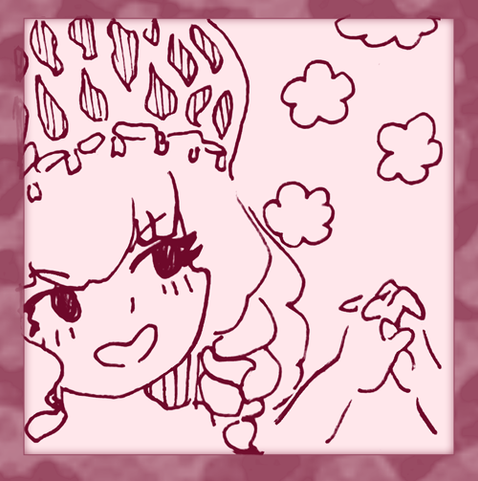 An ink drawing of a Morel girl happily holding hands with the girl in the next panel.