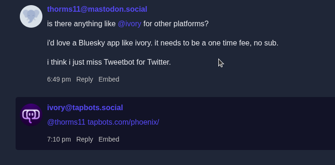 A conversation between two users on social media discusses the desire for a one-time fee app similar to Ivory for other platforms.