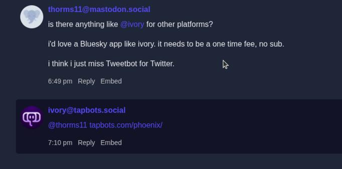 A conversation between two users on social media discusses the desire for a one-time fee app similar to Ivory for other platforms.