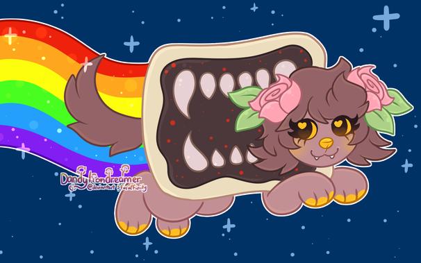 my mascot dandy, beforee his redesign, as nyan cat

his poptart is a chocolate with white icing fangs representing his vampireness

his rainbow is a regular rainbow and the background is a starry blue like the original gif
