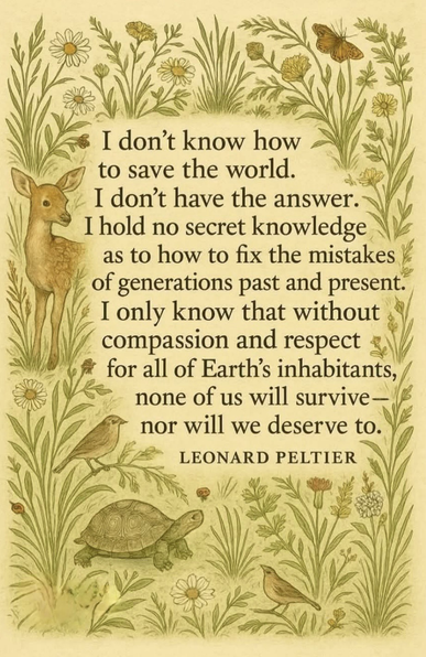 don’t know how to save the world. I don’t have the answers or The Answer. I hold no secret knowledge as to how to fix the mistakes of generations past and present. I only know that without compassion and respect for all of Earth’s inhabitants, none of us will survive—nor will we deserve to. Leonard Peltier