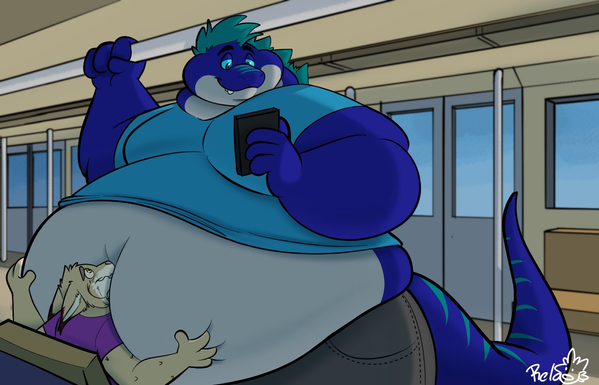 Picture shows Ace, an anthropomorphic blue dinosaur, and Javi, an anthropomorphic lynx. They're in a public transport, Ace looks huge, wide and tall while effortlessly grabbing onto an upper bar. Javi, way smaller, is sitting on a side chair, in front of Ace. The dino is looking at his phone, and probably doesn't notice his belly is smooshing the smaller feline.. Or maybe he knows, and he doesn't really care, the lynx sure is shyly enjoying the trip