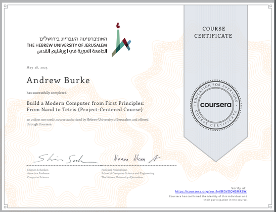 Nand2Tetris certificate of completion