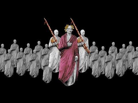 The image features a central figure dressed in a vibrant red toga, adorned with a laurel wreath, and holding a staff. This figure stands out prominently against a backdrop of numerous grayscale figures, all wearing similar togas and holding staffs. The central figure is positioned in the foreground, with the grayscale figures arranged in a symmetrical formation behind them. The background is entirely black, which enhances the contrast and draws attention to the central figure. The grayscale figures are uniform in appearance, suggesting a sense of uniformity or conformity. The central figure's distinct color and adornments set it apart from the others, creating a focal point in the composition.

Provided by @altbot, generated privately and locally using Ovis2-8B