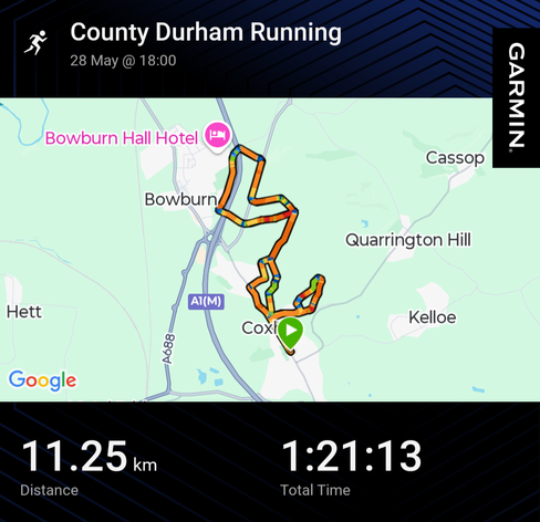 Garmin activity showing a running route around Coxhoe, old quarington, and bowburn. 11km 1:20