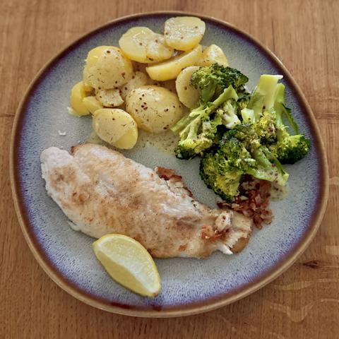 A close-up of my plate with the food as described in the post.