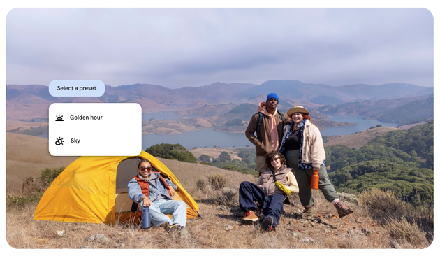 a group of people gathered by a camping tent with the backdrop of a beautiful, if overcast, natural landscape. a Google Photos interface shows how you can choose to artificially alter the sky to "golden hour" or "sky"