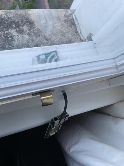 an audiomoth mic in a plastic bag on one side of the window and a raspberry pi on the other