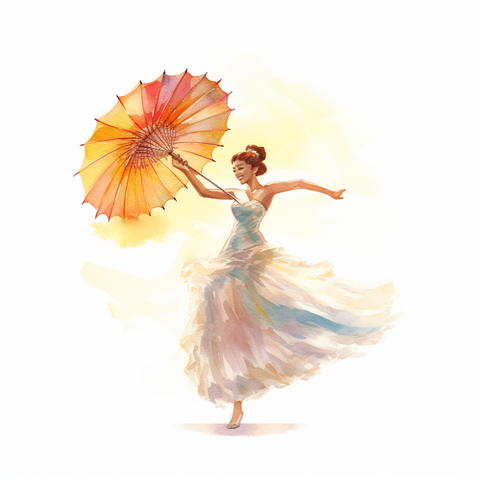 Colour drawing. Dancing bride with parasol.