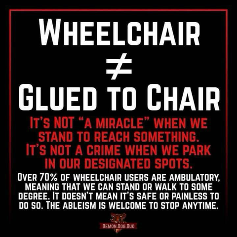 WHEELCHAIR does not equal GLUED TO CHAIR  IT'S NOT "A MIRACLE" WHEN WE STAND TO REACH SOMETHING. ' IT'S NOT A CRIME WHEN WE   Stand to reach something. OVER 70% OF WHEELCHAIR USERS ARE AMBULATORY, MEANING THAT WE CAN STAND OR WALK TO SOME DEGREE. IT DOESN'T MEAN IT'S SAFE OR PAINLESS TO DO SO. THE ABLEISM IS WELCOME TO STOP ANYTIME.   Demon Dog Duo logo