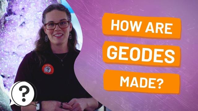 Jane Lindholm, wearing glasses and a "But Why" button, stands in front of a large purple amethyst geode display while orange text reads "HOW ARE GEODES MADE?" against a purple geometric background.