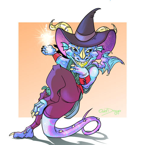 A blue dragonwrought kobold with small wings wearing a huge wizard hat with starts under the brim. The kobold stands on one legs, casting a spell with a raised hand.