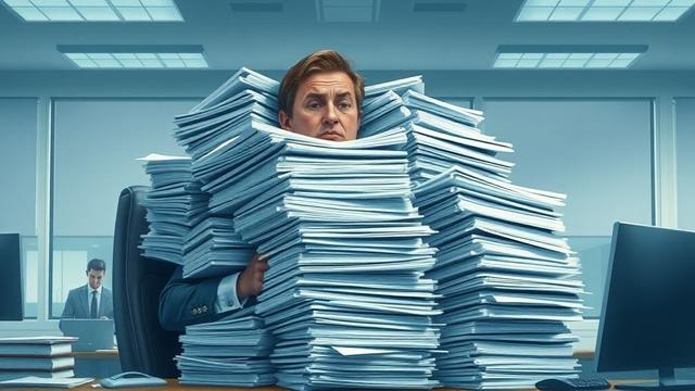 Un homme au milieu d'une paperasse administrative l'emêchant de travailler