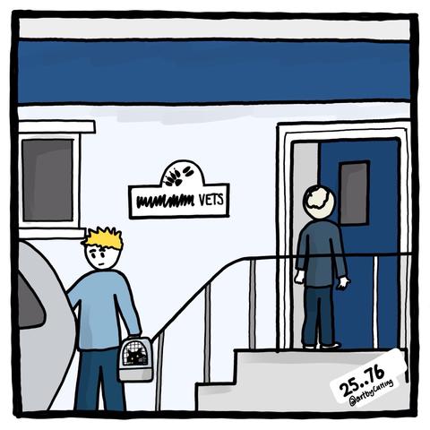 Pictured carrying the cat in its basket to local vets in a portacabin.