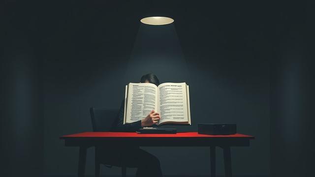 Photo représentant un homme caché derrière un dictionnaire et montrant les mots d'une des pages.