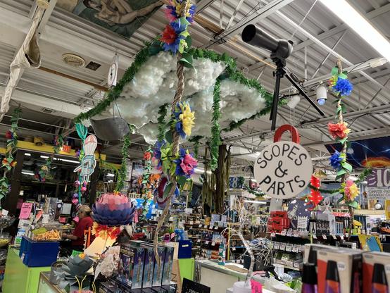 Looking up at the ceiling of the Geneva sci plus store decorated with paper flowers and hanging vines and a faux thunderstorm made of rope lights and polyester fiber fill clouds.