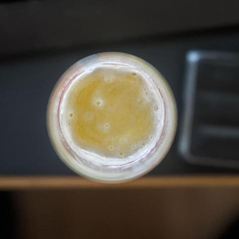 A photograph of a glass of beer seen from directly above.