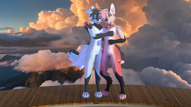 Ghost and Ikodo smiling for the camera while enjoying the sunset from the top deck of a balloon in VRChat