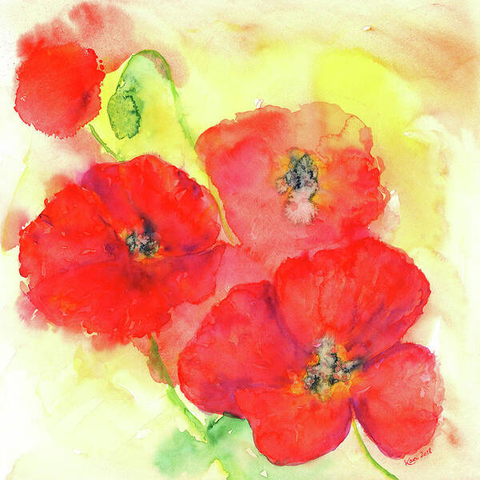 Red poppies is a handmade watercolor painting in contemporary square format by artist Karen Kaspar.
Poppy flowers in vibrant red are dancing on a sunny yellow background.