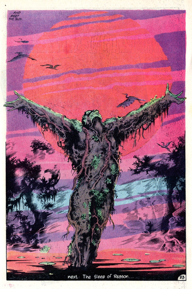 A full comic book page showing Swamp Thing, a humanoid figure made of moss, creepers, earth, and plants, standing ankle-deep in water and raising his open arms wide in an orant posture to greet the sun, communicating a spirit of transcendant joy. His head is thrown back; a flight of large herons crosses the orb of the great glowing sun behind him. Lily pads stud the water and dark shapes evoke trees on either side, perhaps mangroves. His figure is dull browns and bright greens, but the water, sky, and entire background are a unified field of colors, soft lilacs and pinks and aquas around the molten cherry red of the rising sun.