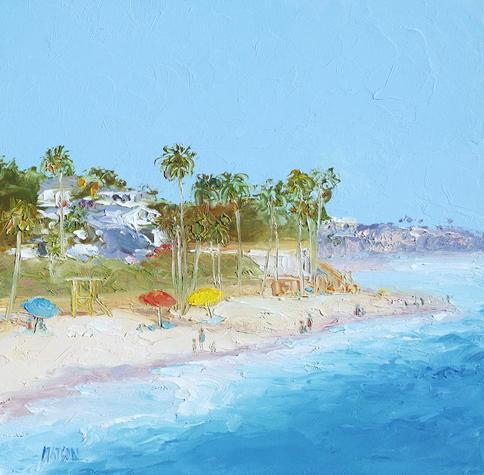 A vibrant beach painting of  San Clemente Beach in Orange County, California, featuring a bustling beach filled with colorful umbrellas, palm trees, beach hut, hilltop houses and people strolling and relaxing..
