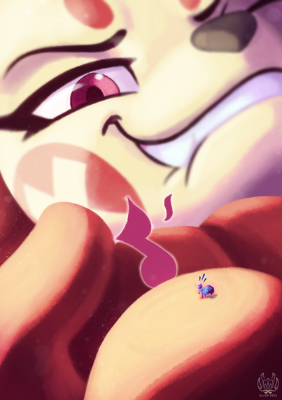 Close up view of a fingertip holding a tiny blue wolf as a large face - from who the large hand belongs to – of a mouse-like girl watches from further back, with an eye closed and a lower lip-biting smirk. A amused expression music note (♪) is shown between the fingers.