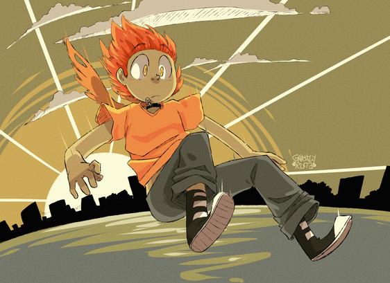 digital illustration of my original character, Haru, free falling from the sky. The scene is set over a large body of water with a city silhouette and setting sun in the background. Haru appears surprised, with his wings behind him seeming to start falling apart given a large hole developing in them.