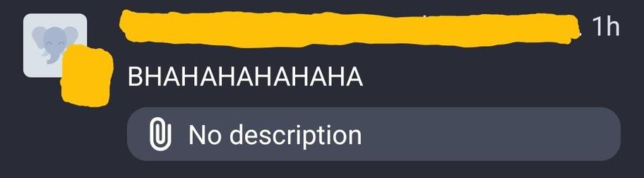 A screenshot of a post with no profile picture, the poster's name has been marked out. The text of the post reads "bhahahaha" in caps. Below is an indication that there is an attachment, but no image is visible, possibly due to low internet speed. Because there is no alt text, it just says "no description" next to the attachment icon, leaving the all caps laughter without any context whatsoever.