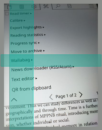 KO Reader app interface showing a teal sidebar menu with "Wallabag" highlighted in a bright teal box. Menu options include reading tools, sync features, and text editor. Document text is visible on the right side showing "Page 1 of 2."