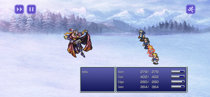 An overhead view of a wintery landscape where several characters are engaged in battle. A group of characters is visible, including a warrior with a sword and shield, a mage casting spells, and an archer attacking from afar. The landscape features snow-covered ground and bare trees against a backdrop of mountains under a cloudy sky.