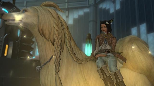 My FF14 main character sat on a large golden, long-haired dog called Argos.