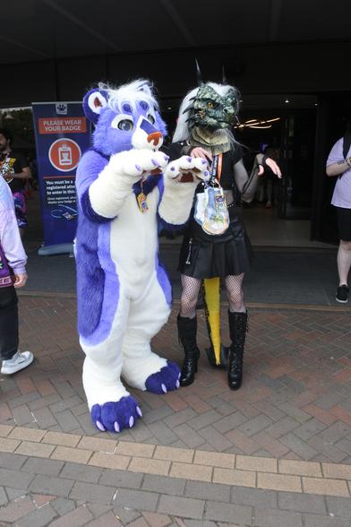 Fursuit photo - a dragon in a leather miniskirt and leather boots poses next to a purple sabretooth (Nomad) outside the hotel lobby at Confuzzled 2025