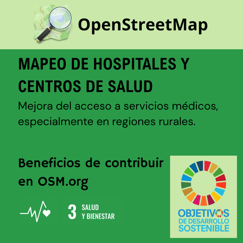 Es una imagen que dice arriba OpenStreetMap. En la mitad tiene el texto:
Mapeo de hospitales y centros de salud.
Mejora del acceso a servicios médicos especialmente en regiones rurales.
Abajo indica el nombre del objetivo: 3 Salud y bienestar.
A la izquierda el logo de los objetivos de desarrollo sostenible de la ONU.
