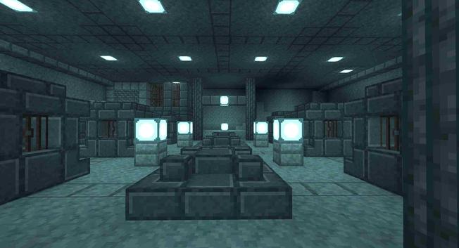 Some kind of underground ocean ruins, made out of blueish stone and illuminated by ocean lanterns.