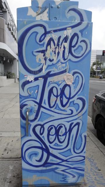 Utility box with “Gone Too Soon” painted on in graffiti script