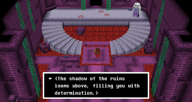 A screenshot in The Ruins, showing the text (The shadow of the ruins looms above, filling you with determination.)
