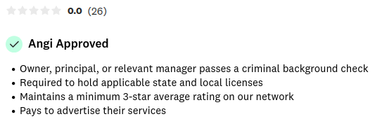 Part of a listing for a contractor on Angi. At the top it says they have an average of 0.0 stars in 26 ratings. Below, it claims that the company "maintains a minimum 3-star average rating".