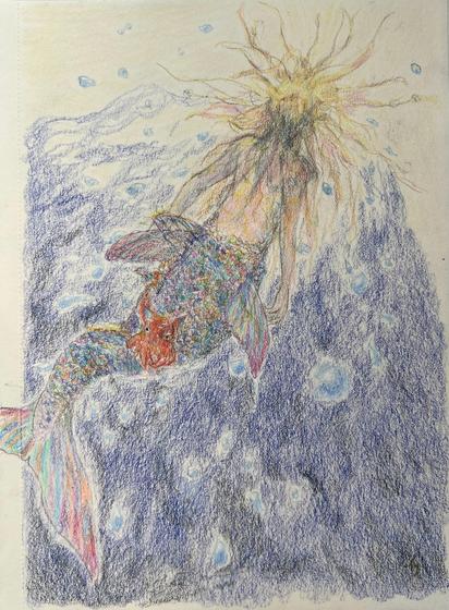 A drawing of a mermaid swimming in the dark sea. A flapjack octopus hitched a ride by wrapping one of its tentacles on the fin of the mermaid.